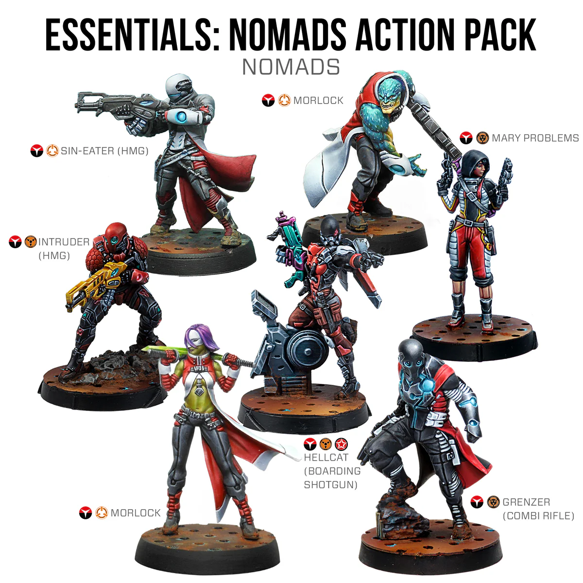 seven painted miniatures in black, white, and red