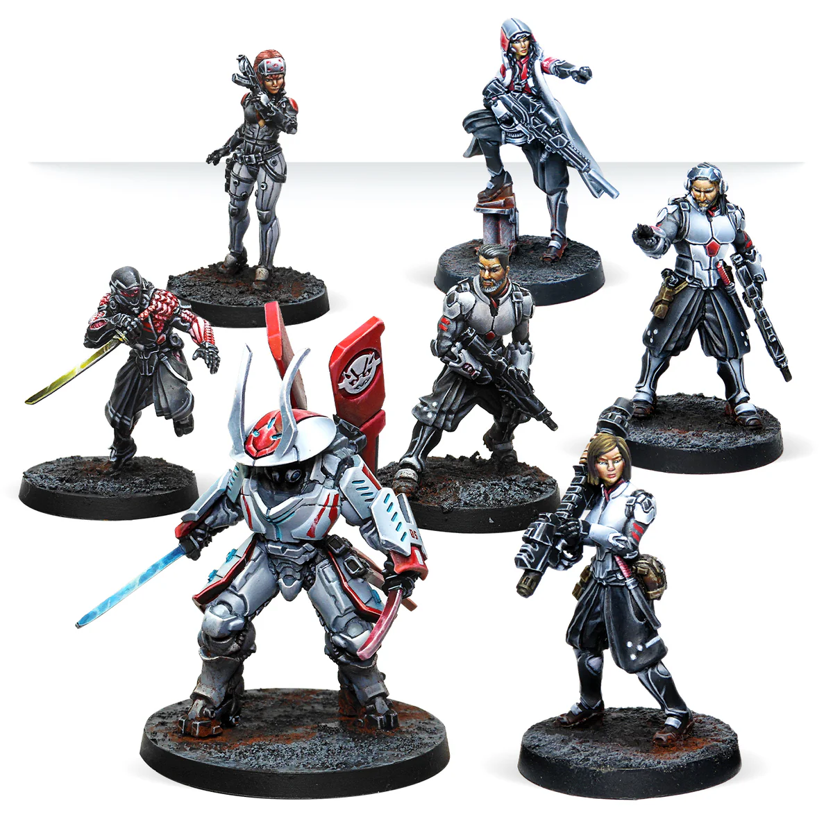 seven painted miniatures in red and white