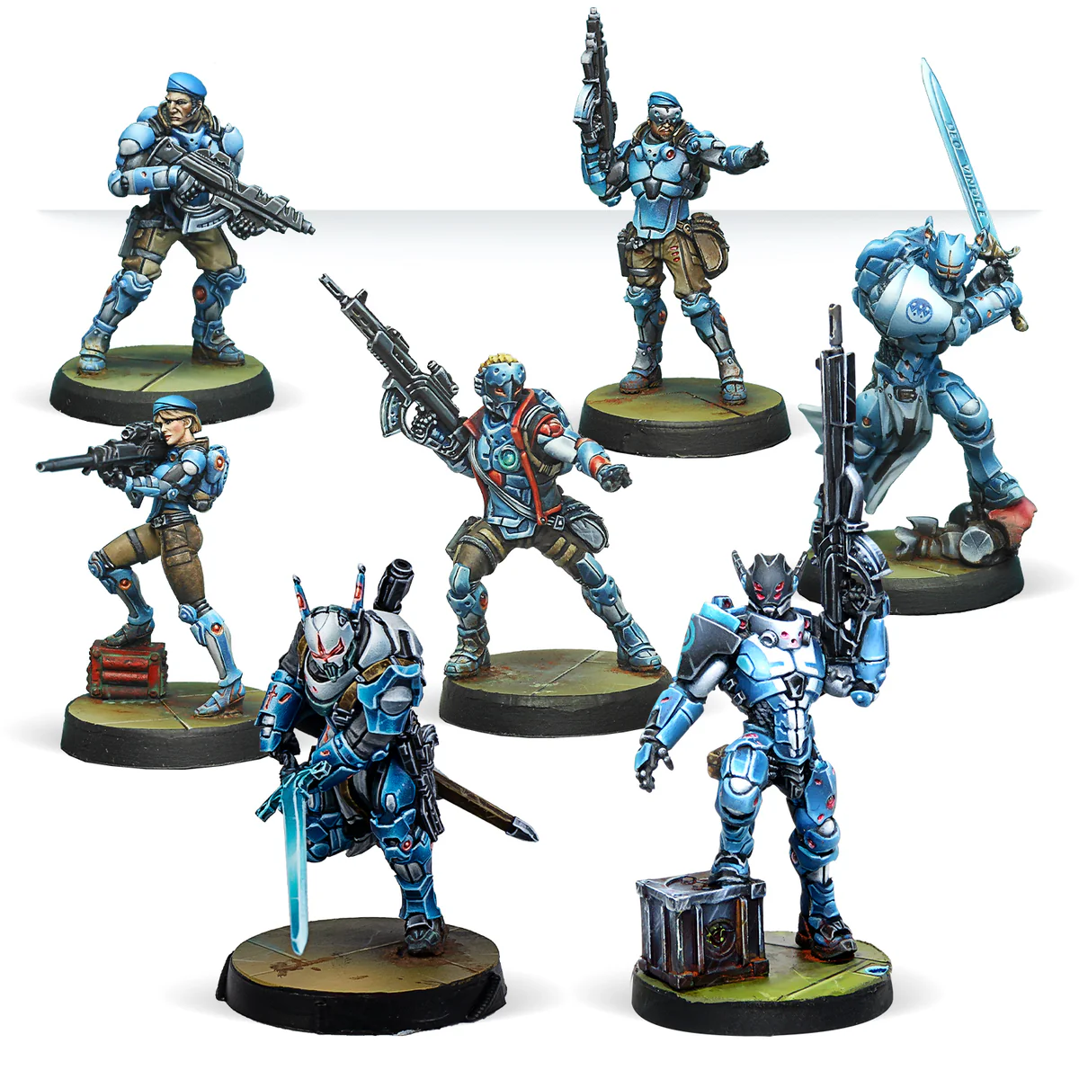 seven painted miniatures in red, white, and blue