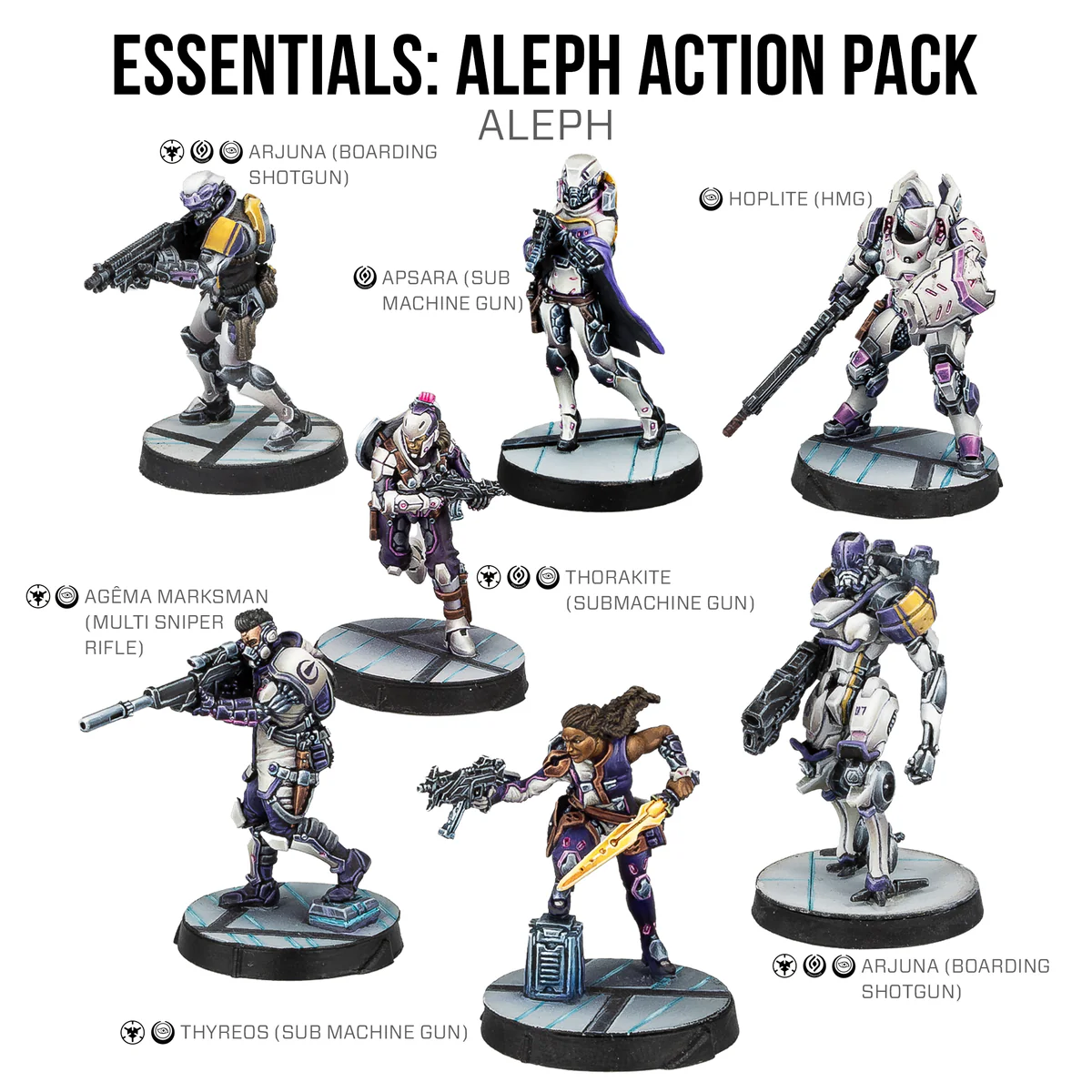 seven painted miniatures in white and purple