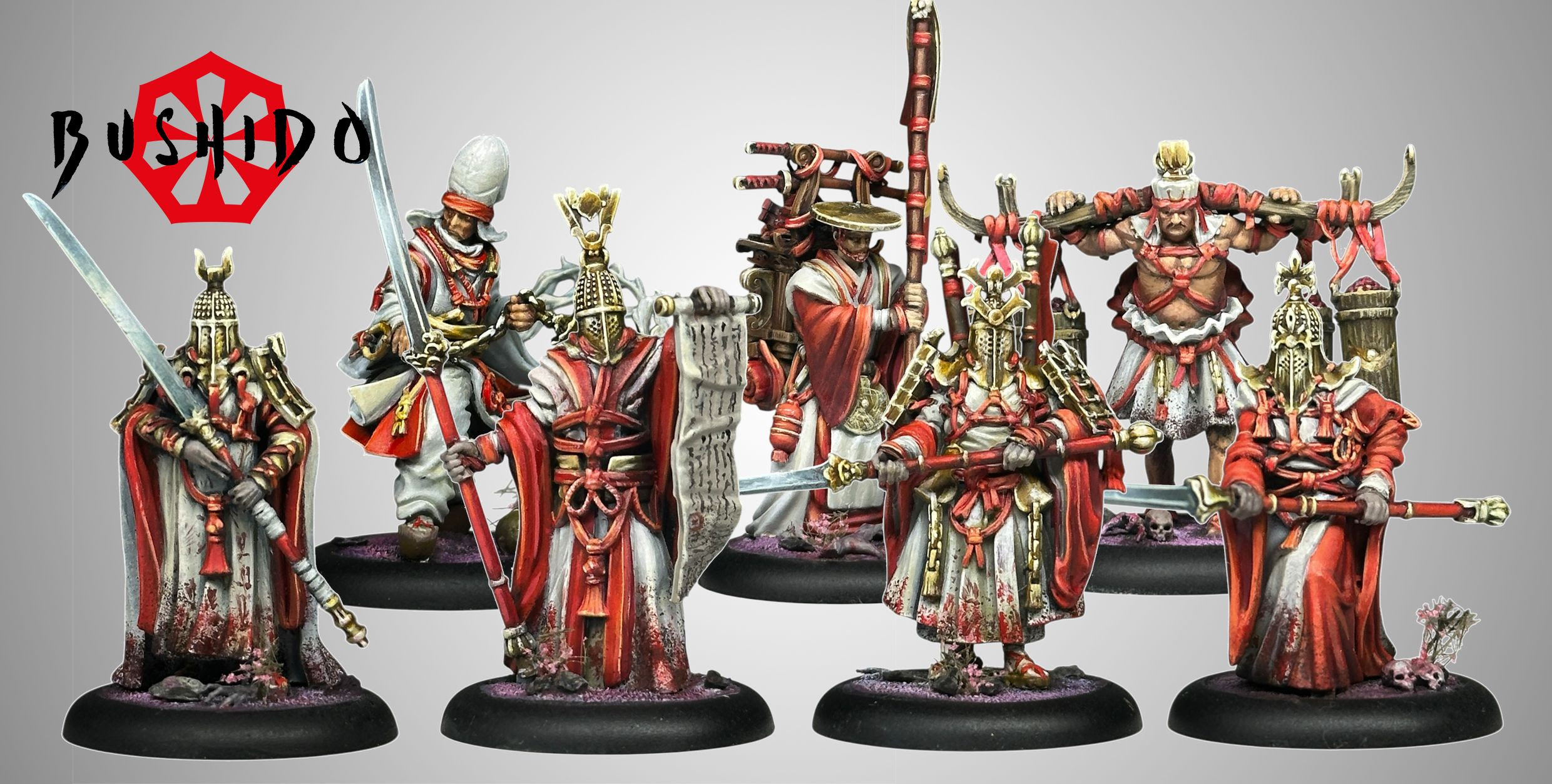 seven red and white painted models