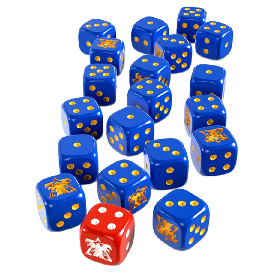 seventeen blue and gold dice and one red and white die