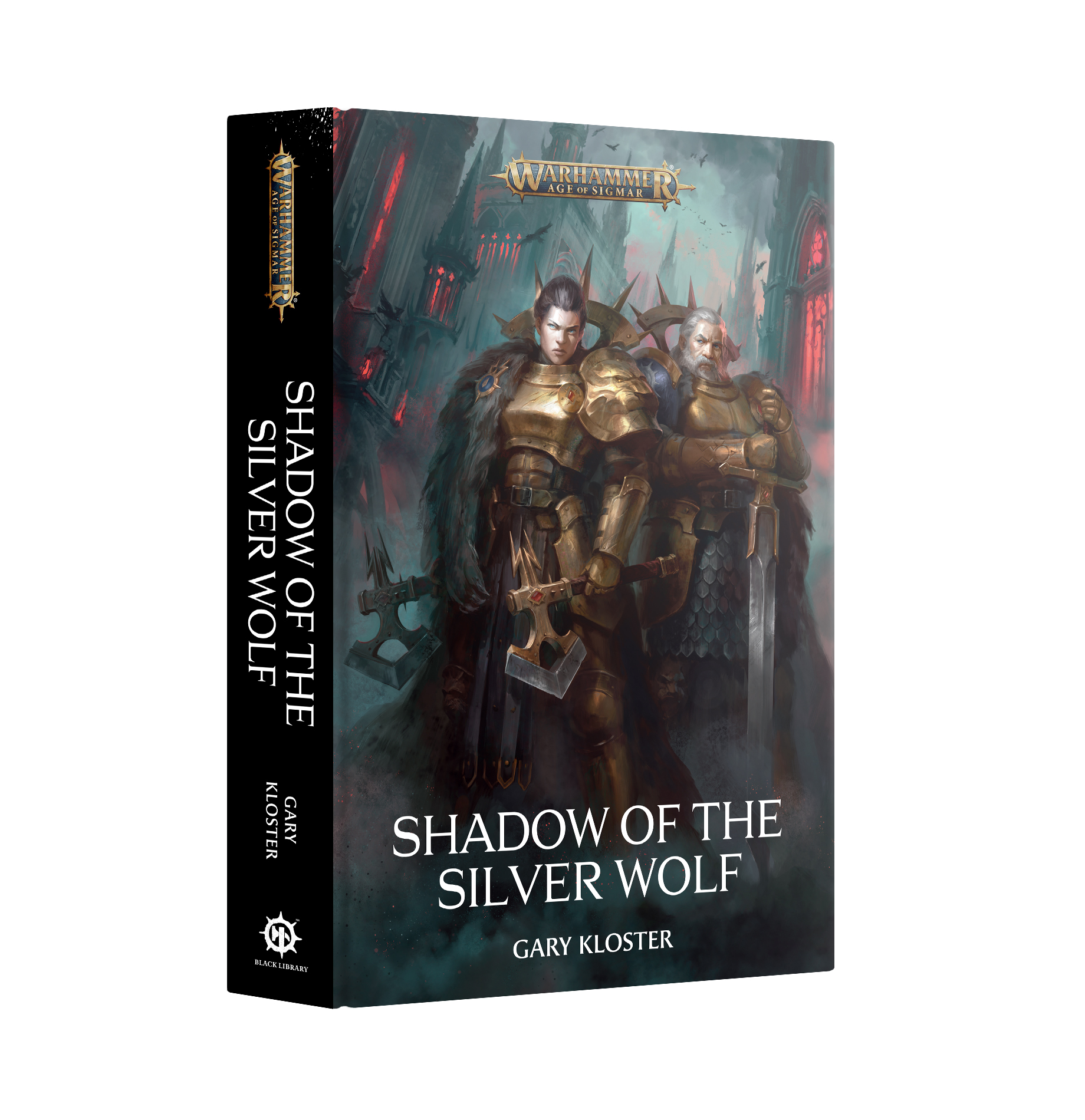 front book cover featuring art of man and woman in gold armor with wolf pelt draped over right shoulder
