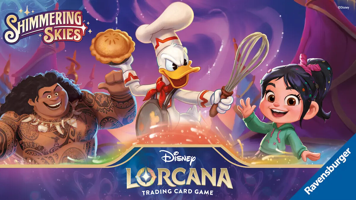shimmering skies banner featuring maui donald duck and vanellope