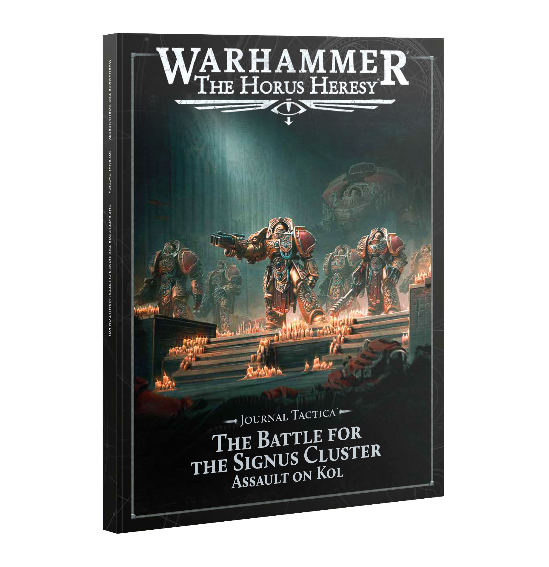 book cover featuring six space marines in red and gold armor standing on steps surrounded by lit candles with a looming titan in the background