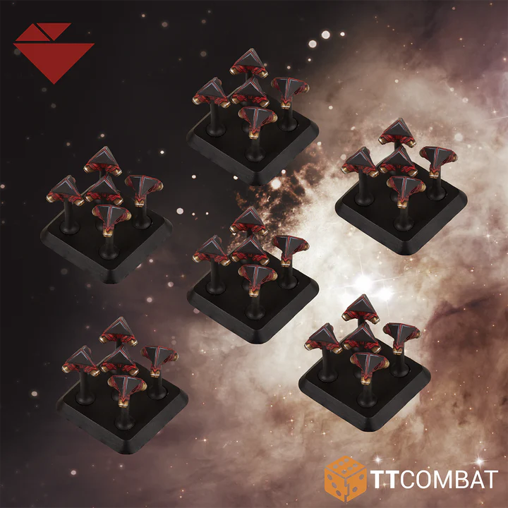 six bases of black and red painted mine miniatures