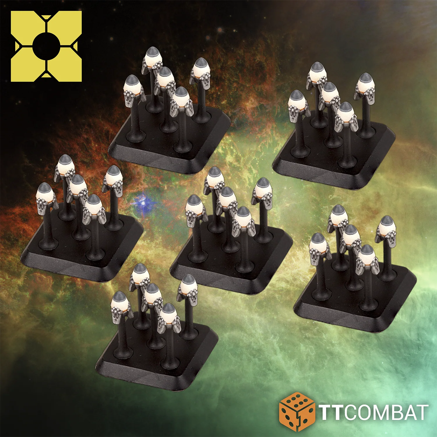 six bases of white and grey painted mines