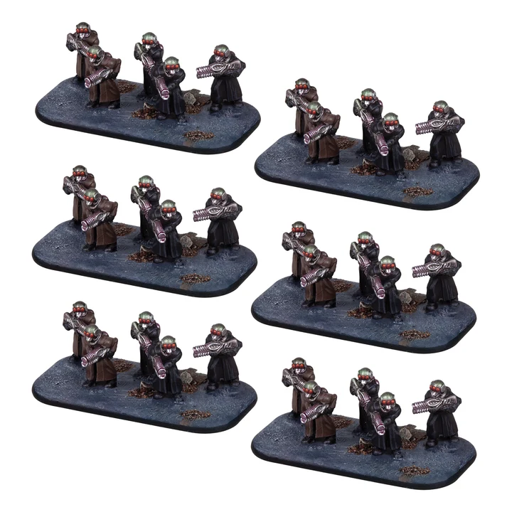 six painted bases of five cloaked figures with alien helmets each