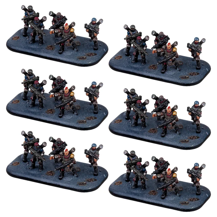 six painted bases of five mad max style fighters each