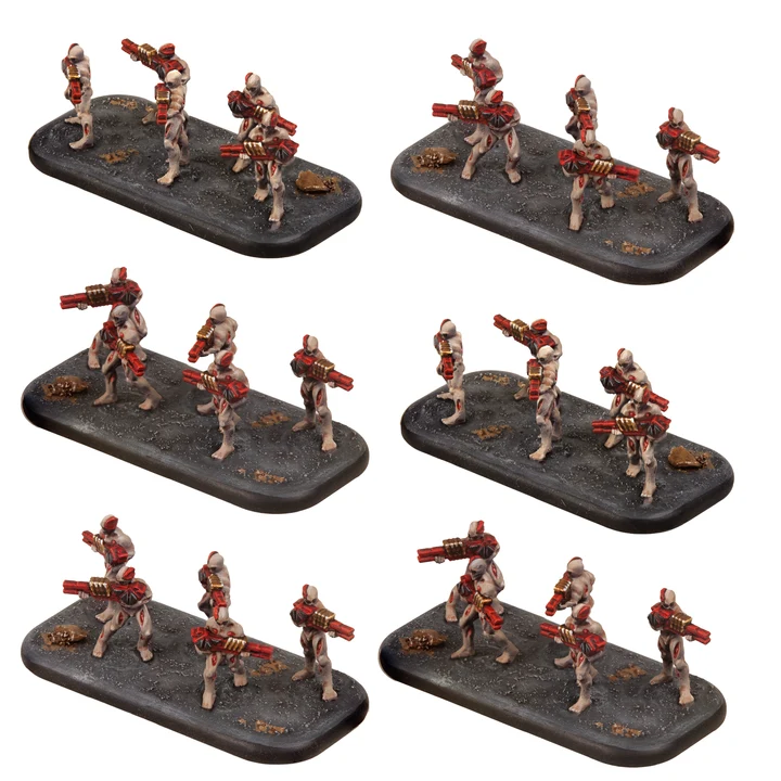 six painted bases of five skinless monsters with guns each