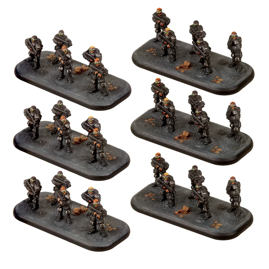 six painted bases of five soldiers in sunglasses each