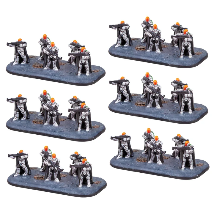 six painted bases of five soldiers in white space suits