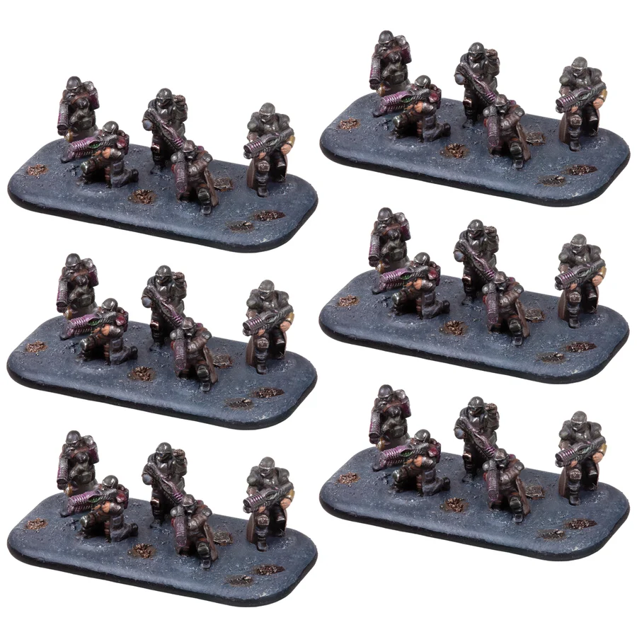 six painted bases of five soliders in gask masks each