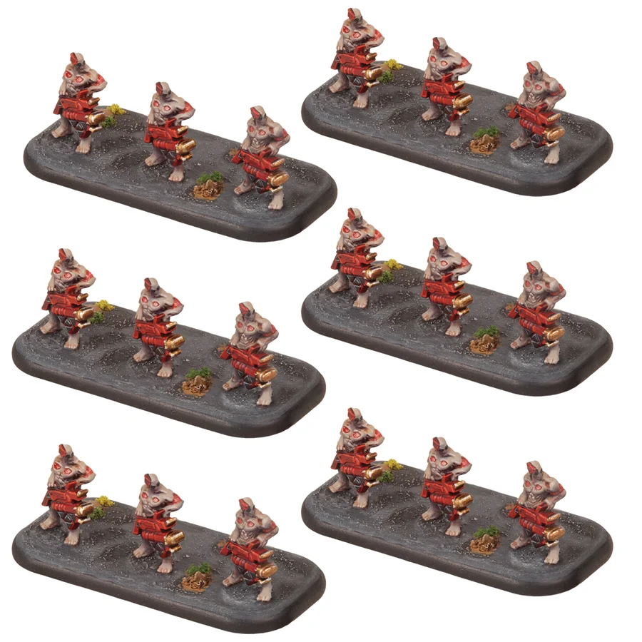 six painted bases of three flesh monsters with machine guns each