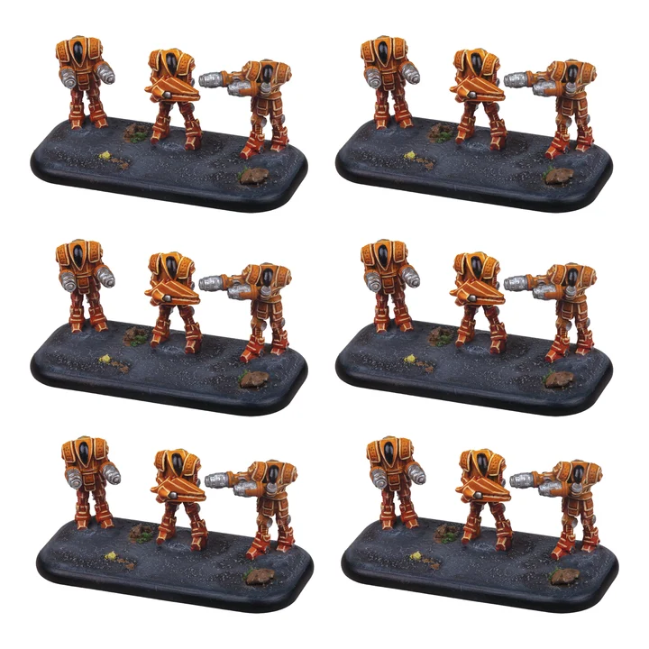 six painted bases of three orange mech suits each