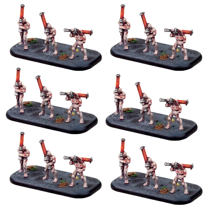six painted bases of three skinless monsters each