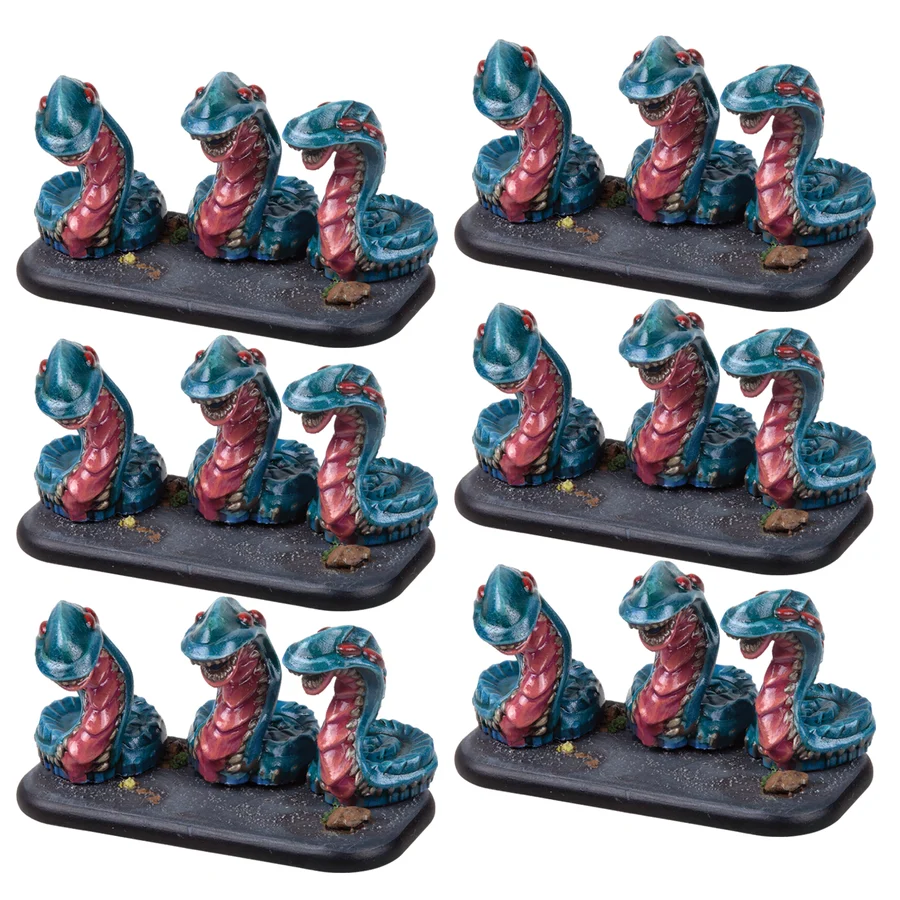 six painted bases of three snake-link worm monsters each