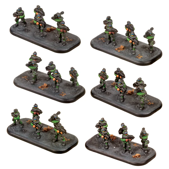 six painted bases with five foldiers in green uniforms each