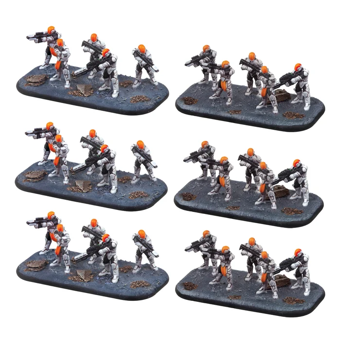 six painted bases with five soldiers in white and orange space suits each