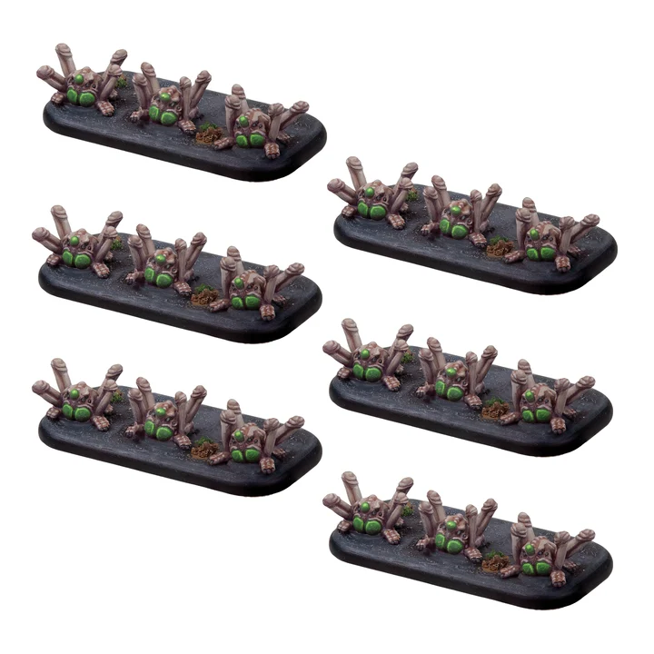 six painted bases with three quadruped monsters each