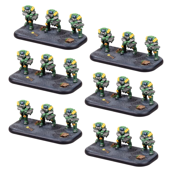 six painted bases with three soldiers in green and yellow hazard suits each