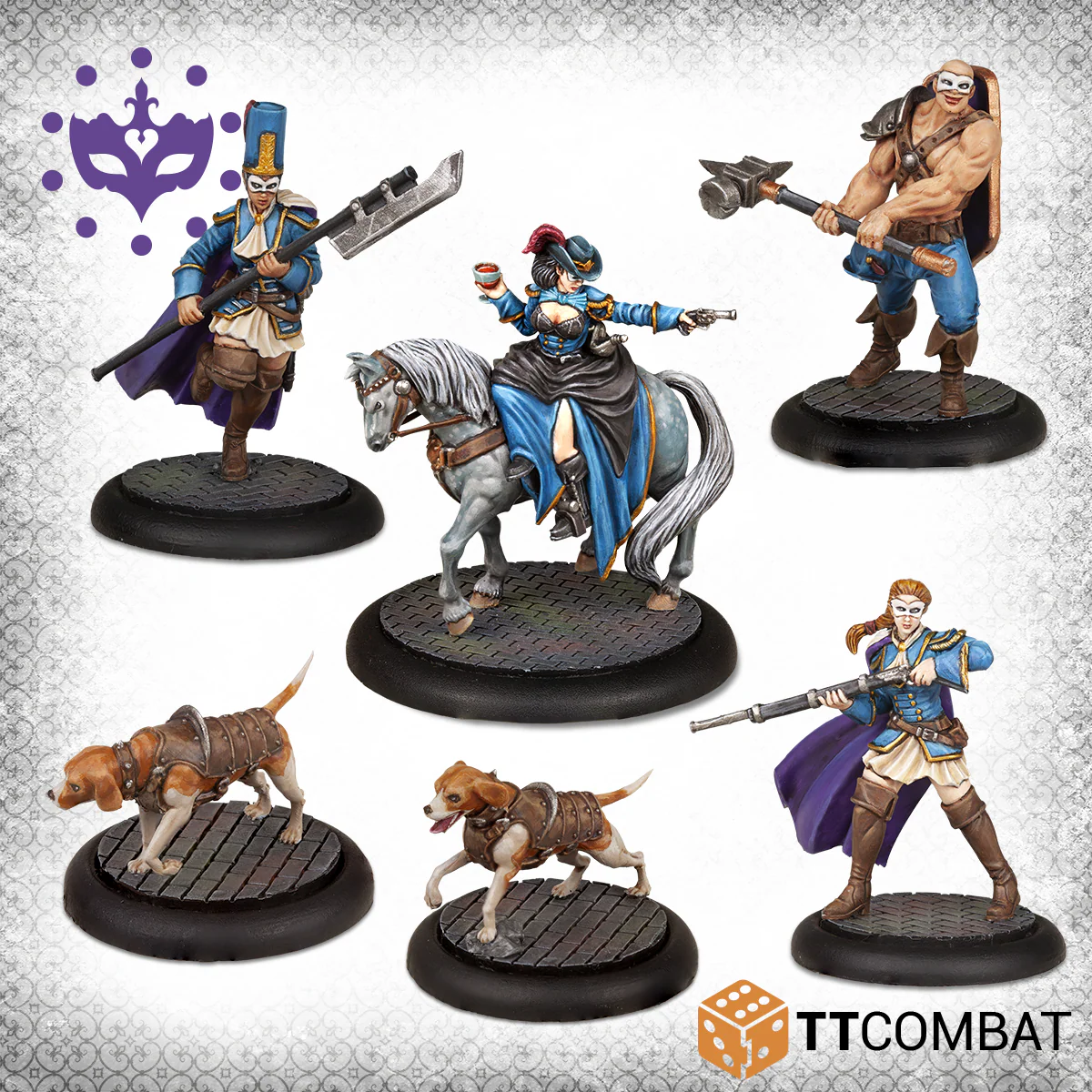 six painted hunter and hound miniatures