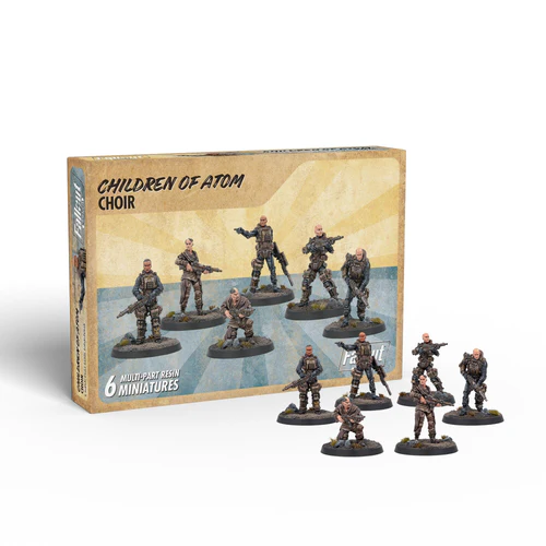 six painted miniatures next to children of atom choir box