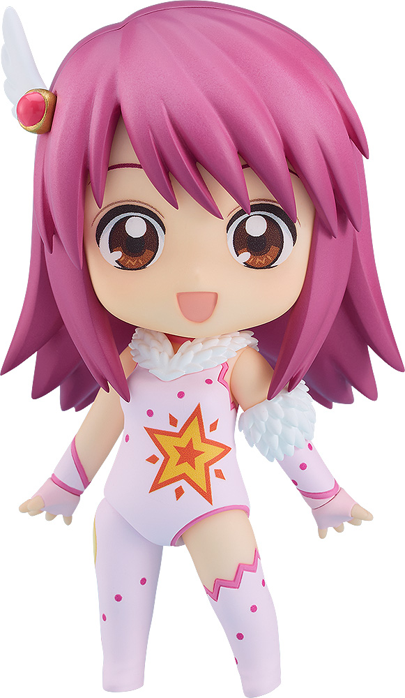 pre painted chibi style figure with swappable parts of purple haired girl in trapeze outfit