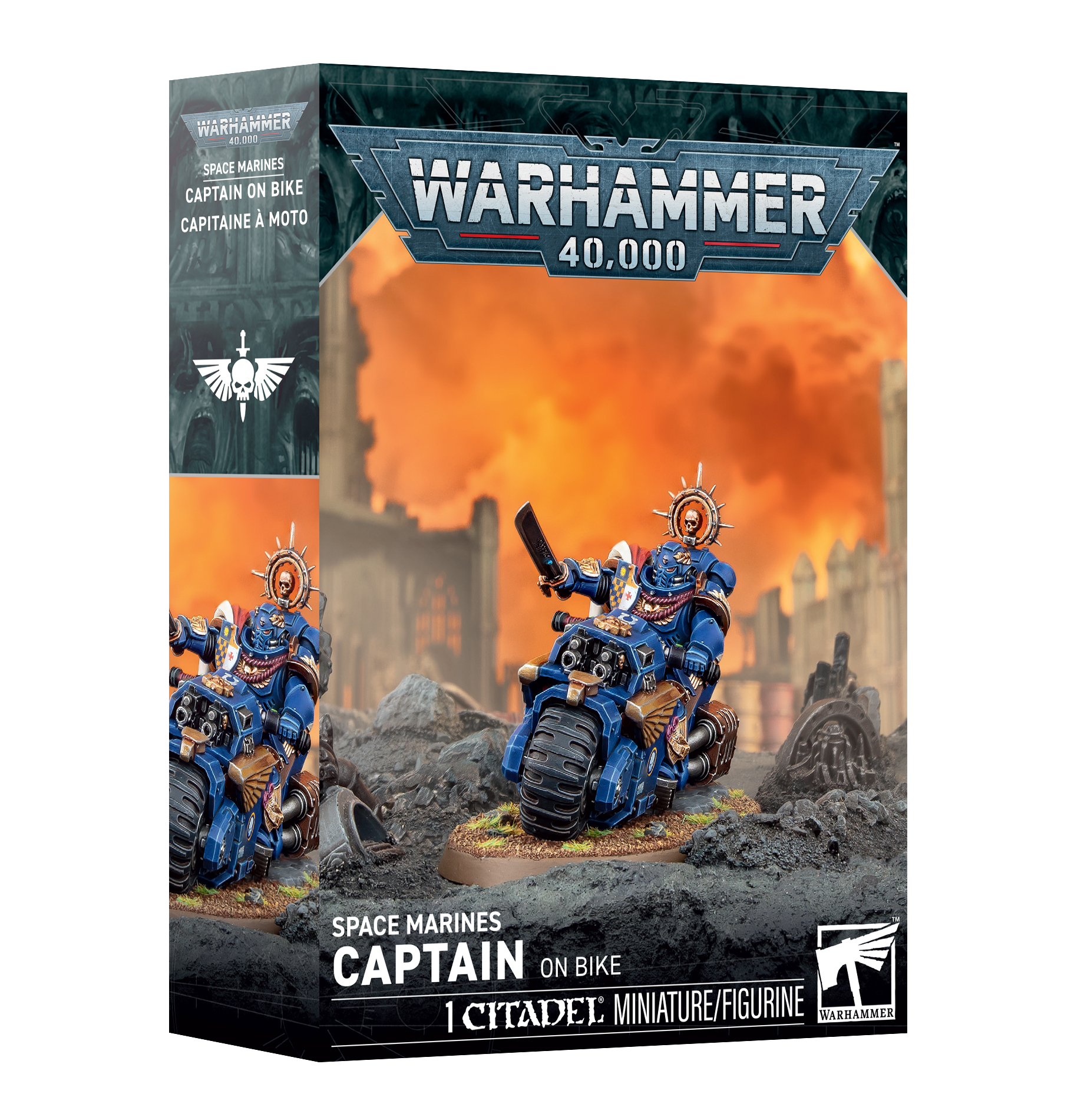 front of box featuring diorama of painted space marine in blue power armor on blue motorcycle