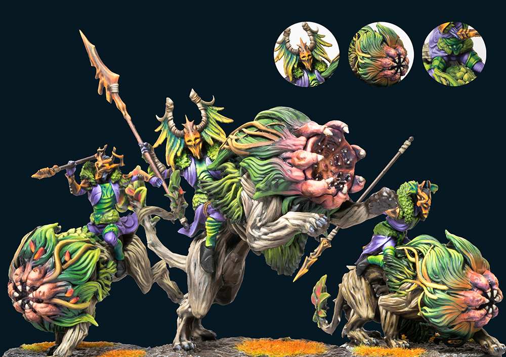 spear wielding insect people on lions with orifices for faces painted miniatures
