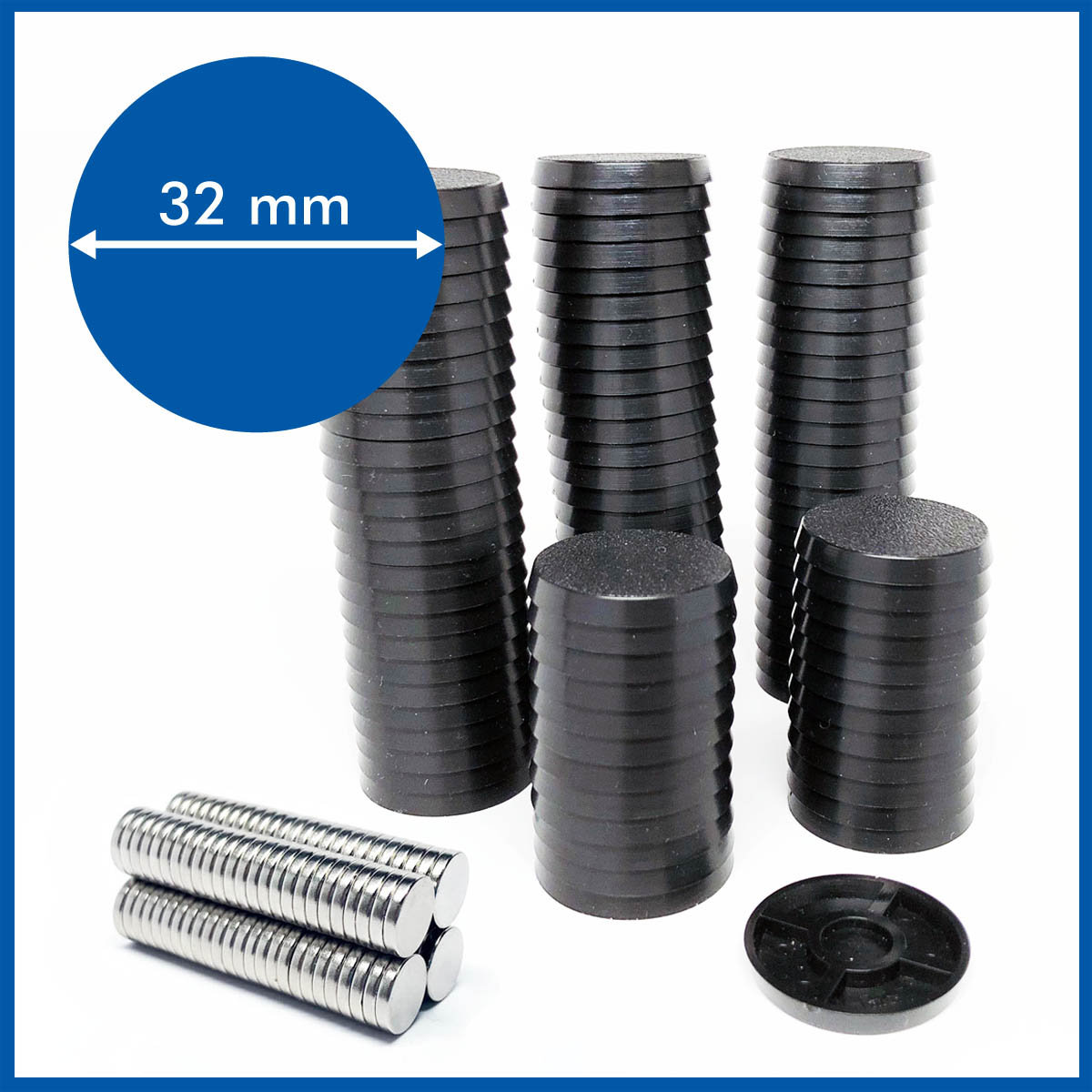 stack of 100 32 millimeter bases and 100 magnets