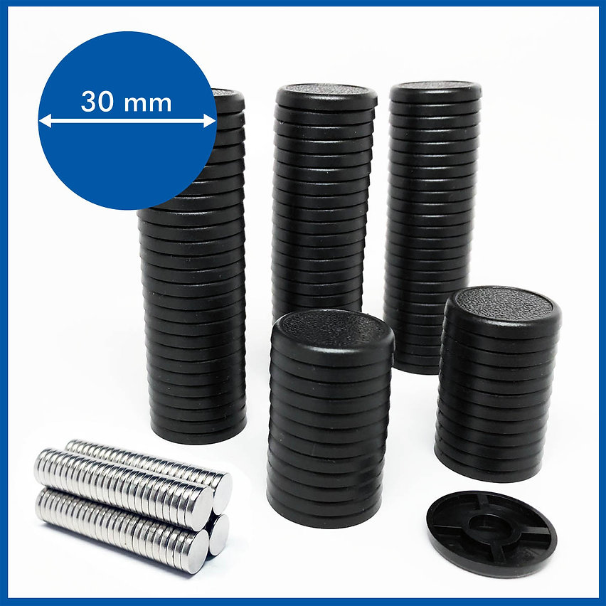 stack of 100 black bases and 100 silver magnets