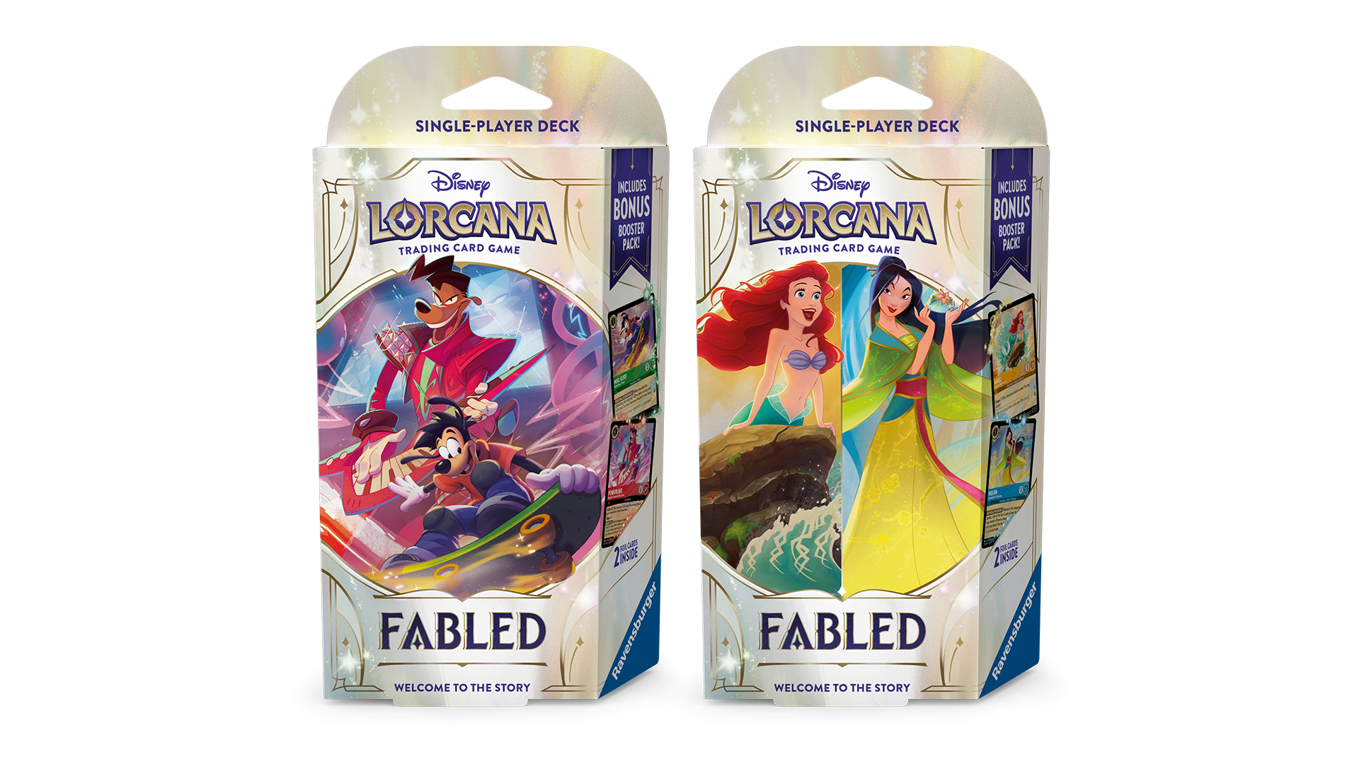 starter deck featuring max and powerline next to deck featuring ariel and mulan