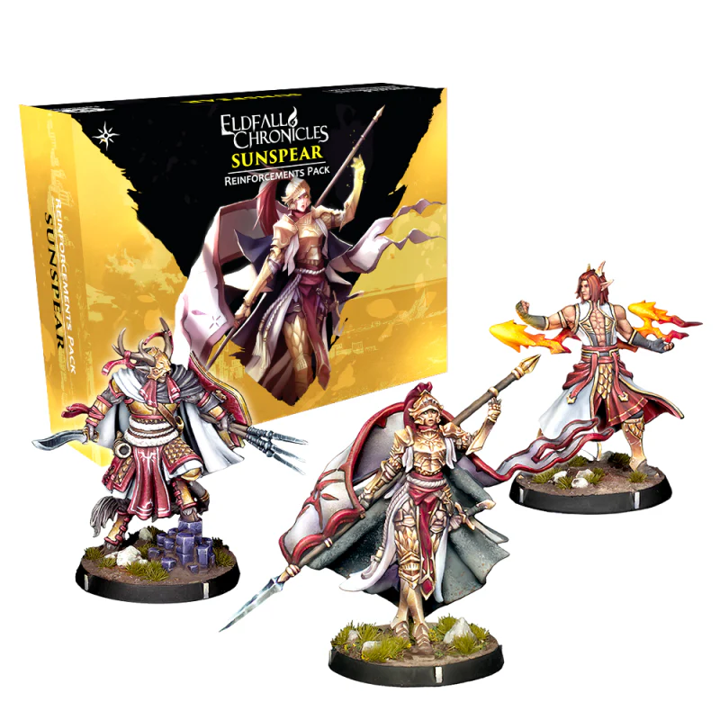 sun spear box with three painted miniatures in red and gold