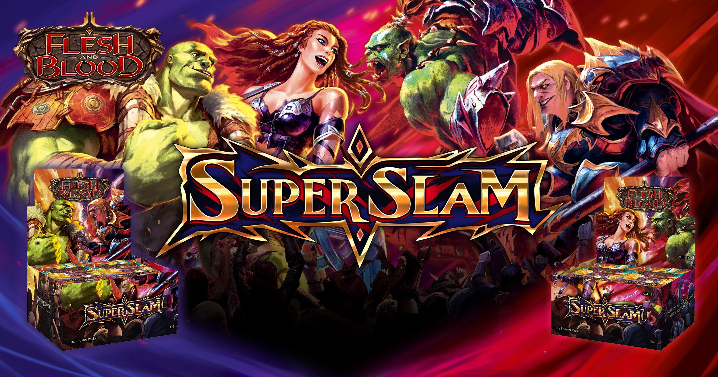 super slam banner with four flesh and blood characters and two open booster boxes