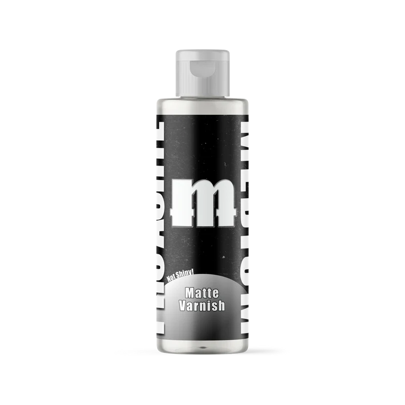 tall bottle of clear matte varnish with an m logo and the words not shiny