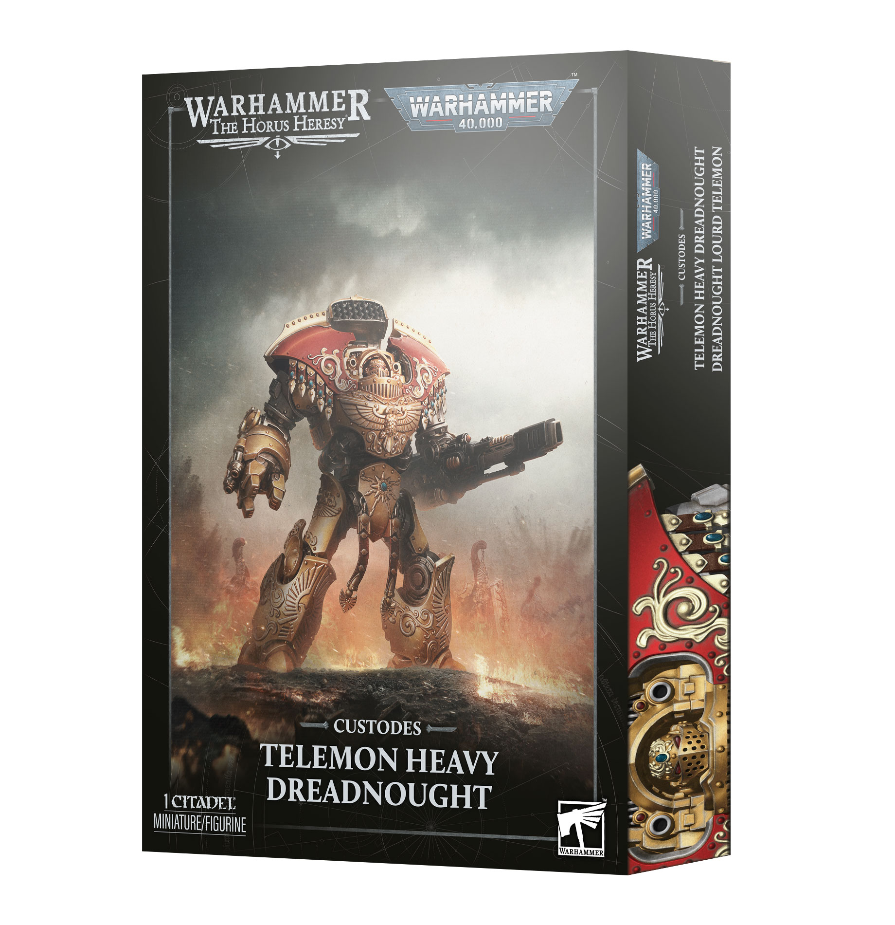 front of box featuring art of giant gold mech suit with red shoulders and a huge gun for a left arm