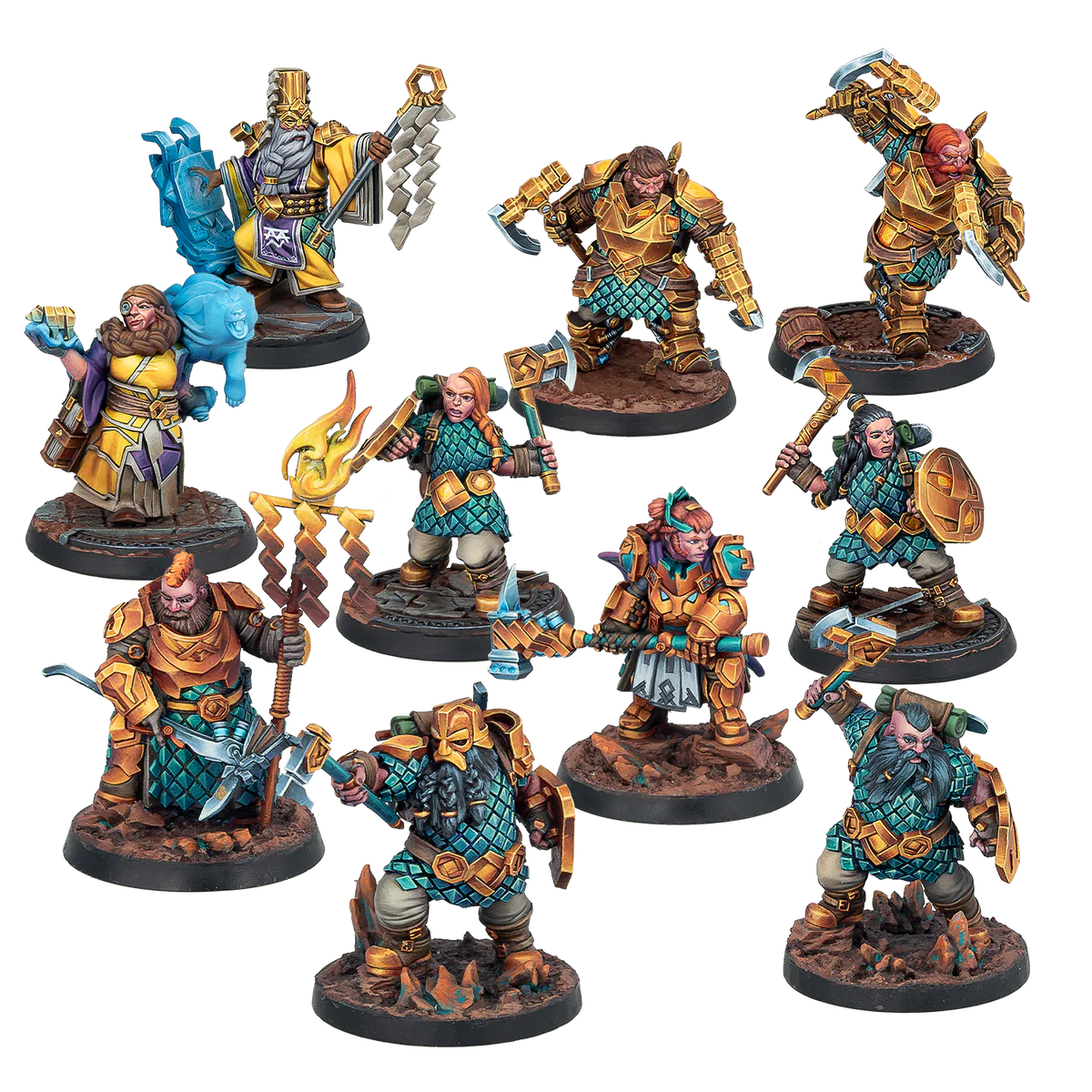 ten gold and teal painted dwarves