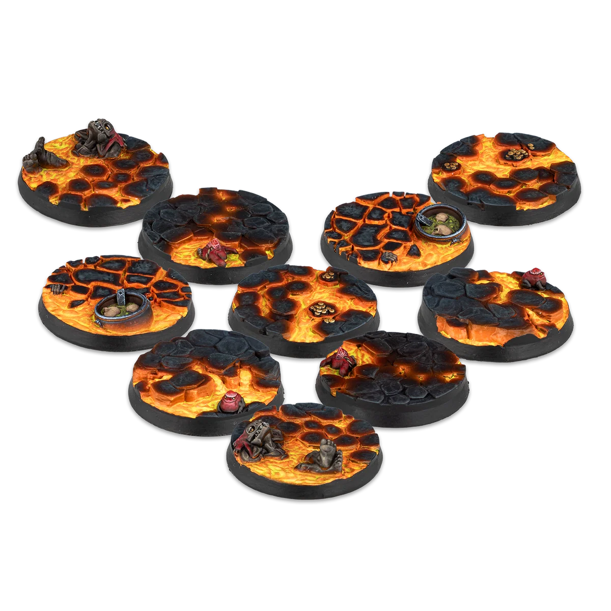 ten lava themed painted bases