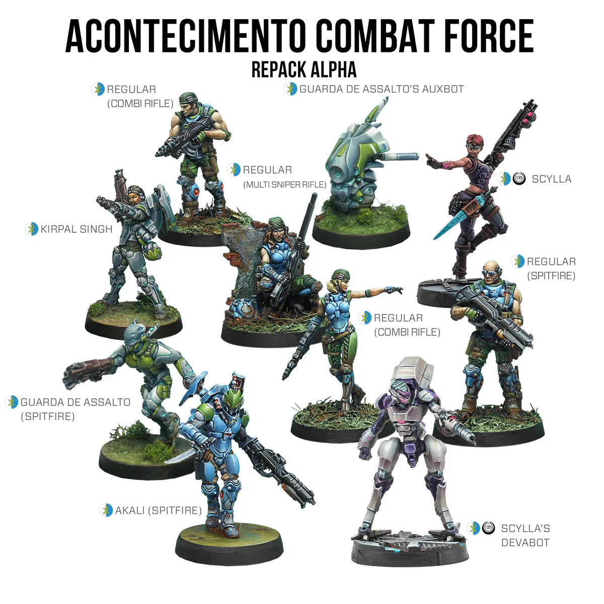 ten painted miniatures in blue and green