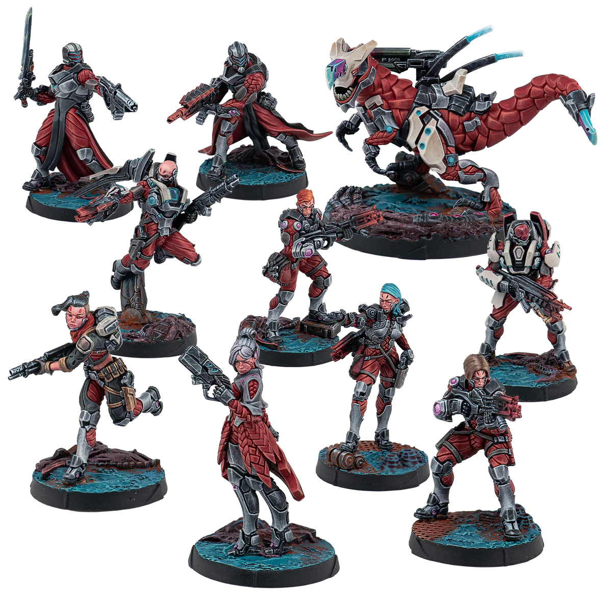 ten painted miniatures in red and teal