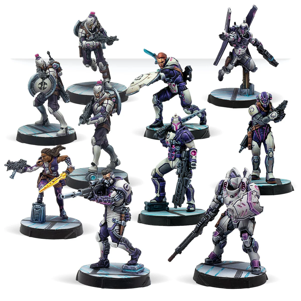 ten painted models in purple and white uniforms
