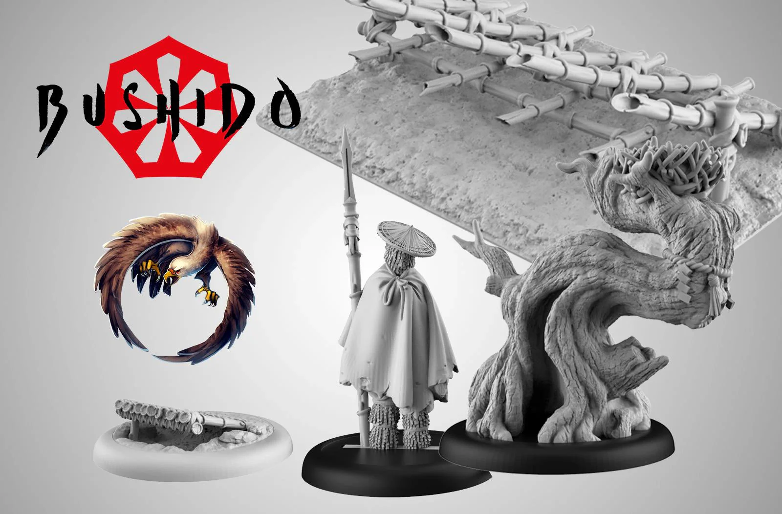 terrain pieces of scare crow tree and wooden stake barrier