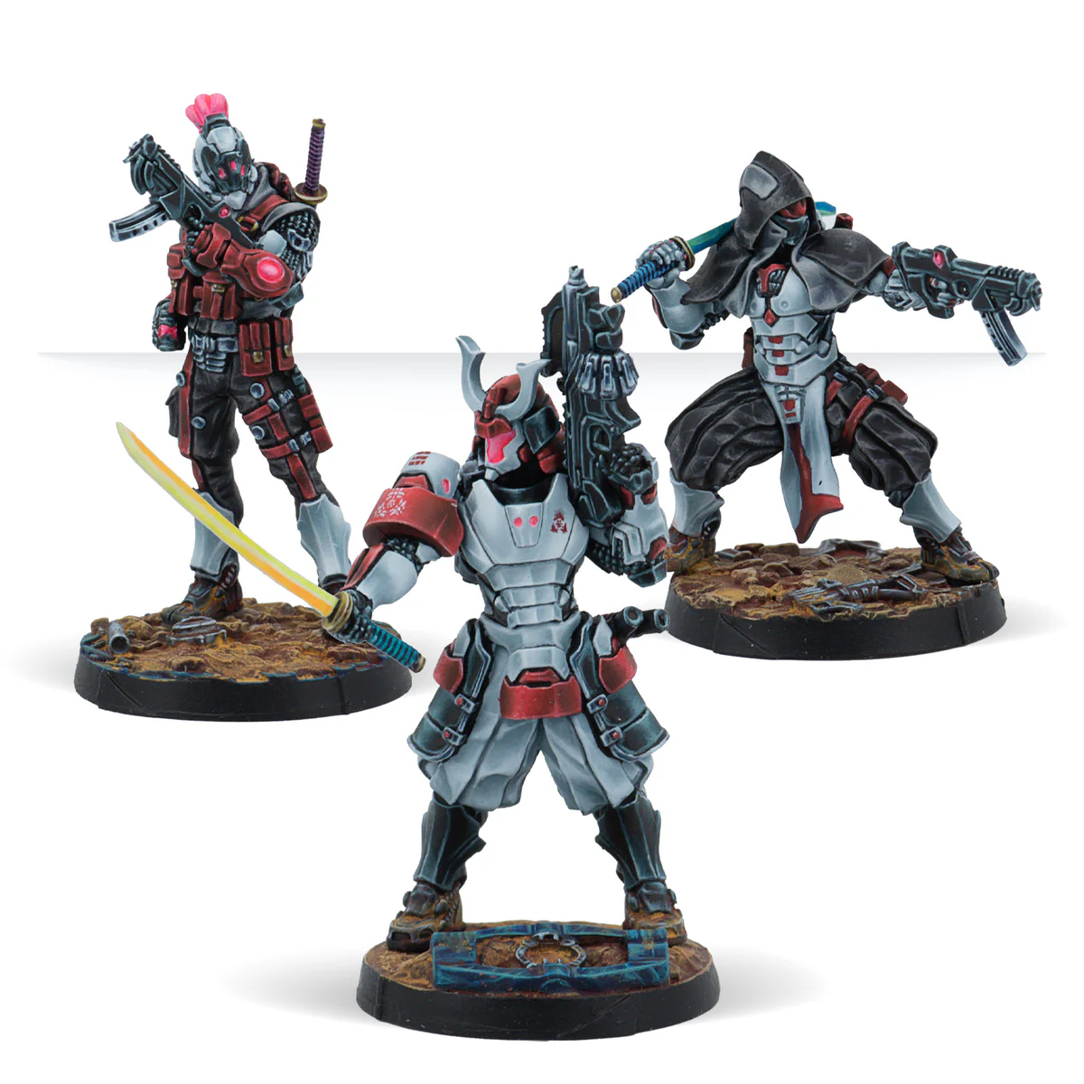 three Shindenbutai painted models in red and white