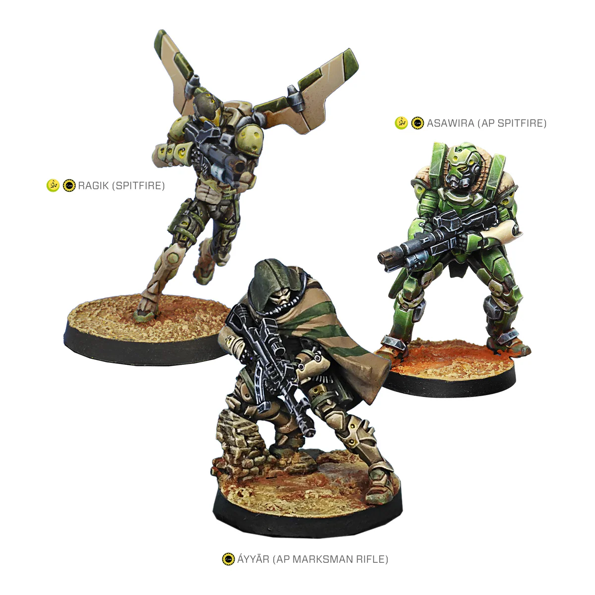 three green and brown painted miniatures