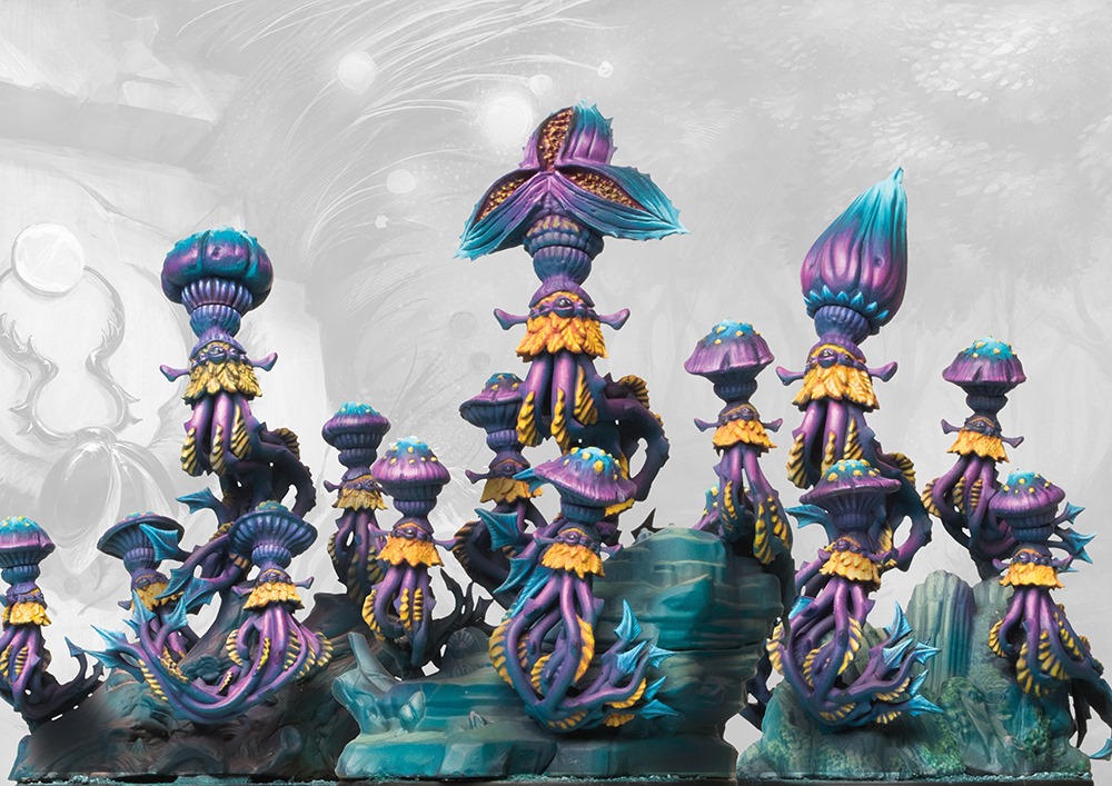 three groups of painted flying jellyfish or squids