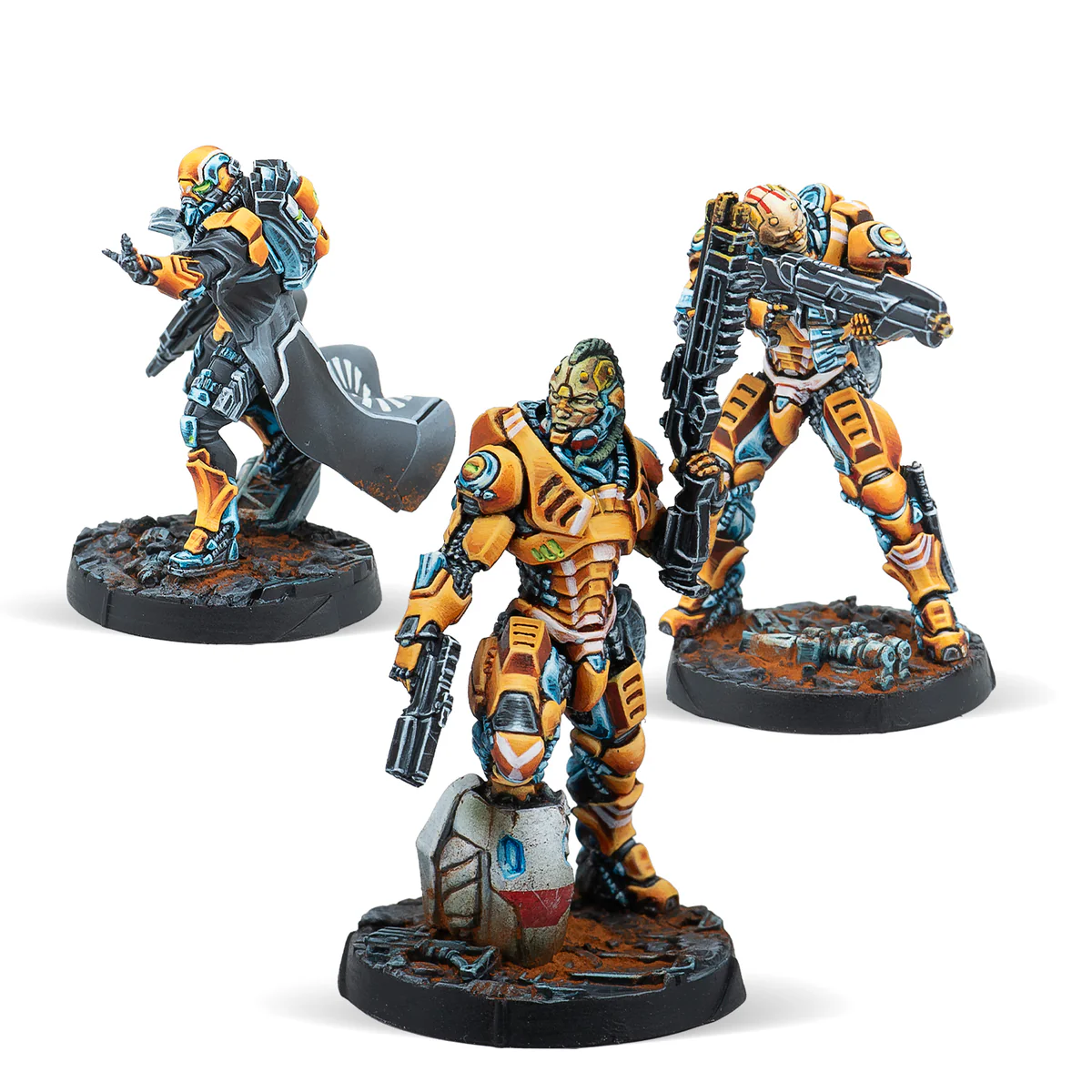 three imperial service miniatures in black and ochre power armor