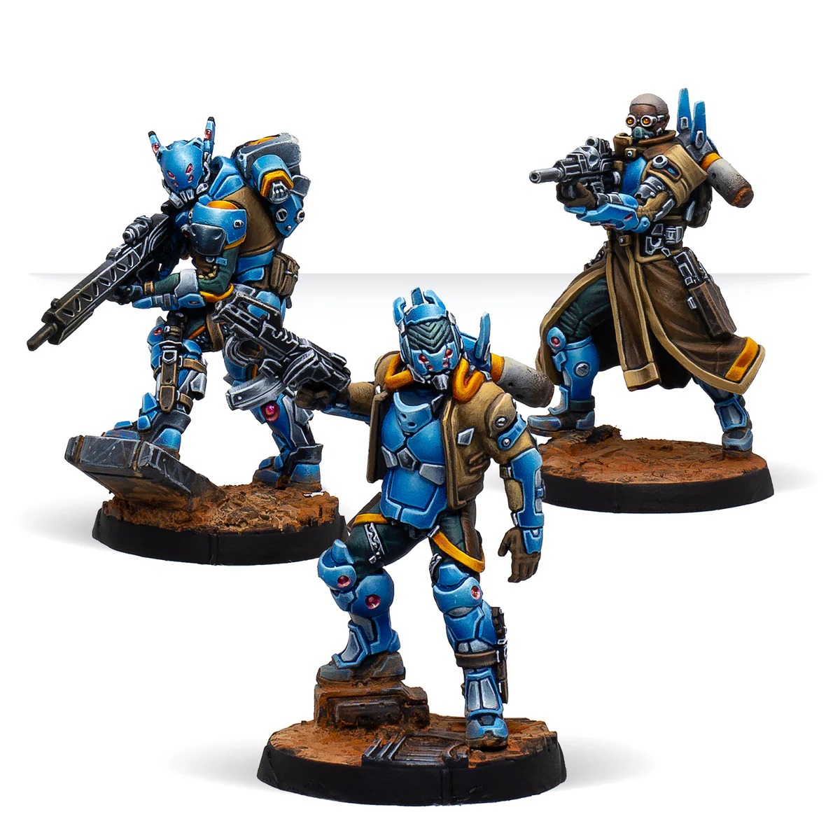 three kestrel painted models in blue and yellow