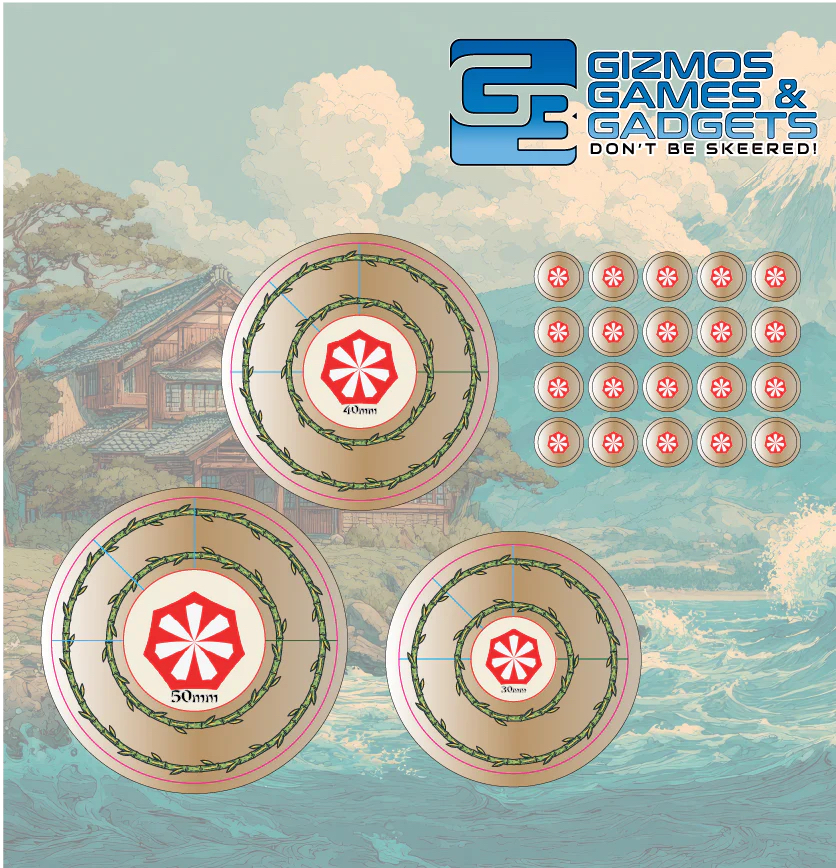 three large circle markers and several small circle tokens