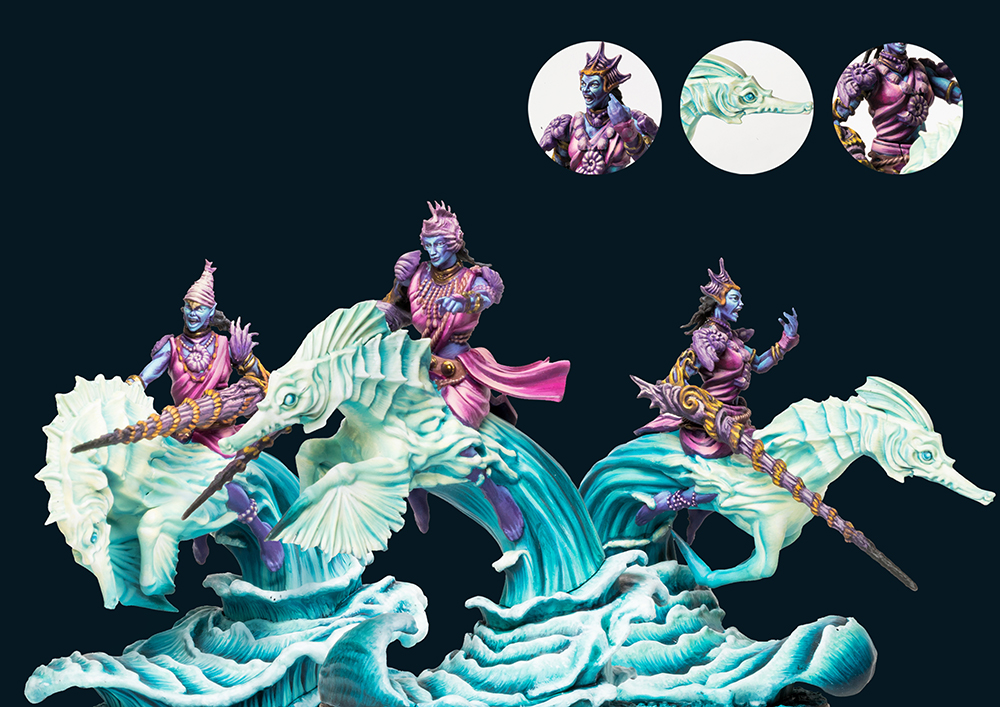 three merfolk on water sea horses painted miniatures